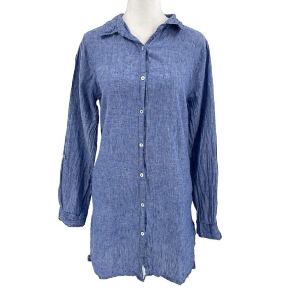 Sigrid Olsen 100% Linen Tunic Top Blouse Lagenlook Minimalist Blue sz Small - Picture 1 of 5